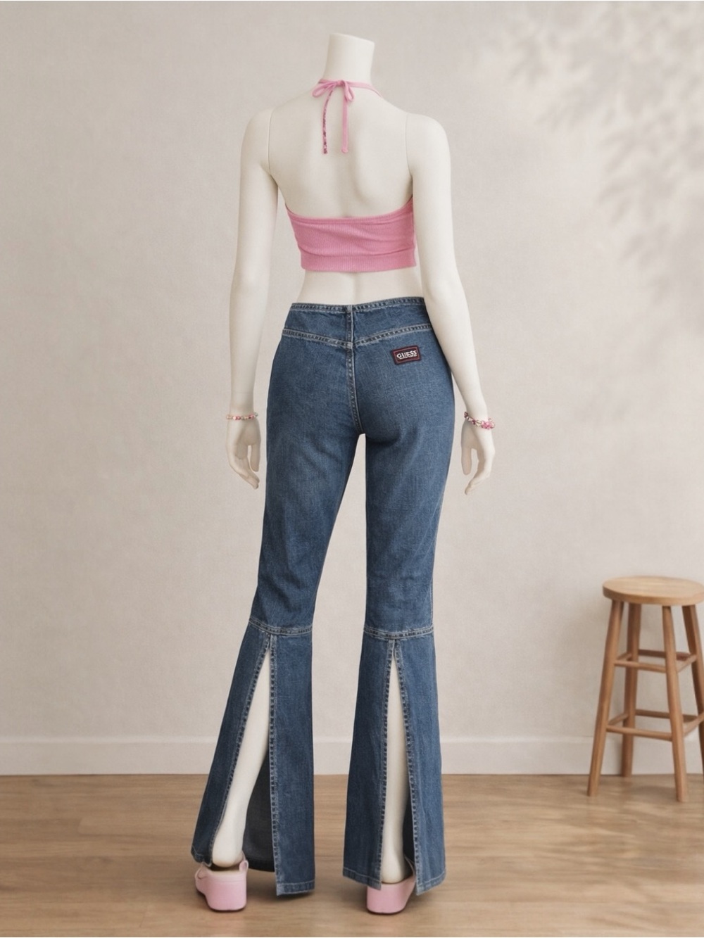 Vintage 90s Y2K Guess Jeans 28 Mid Rise Split Hem Flare Boho Retro Denim - Picture 2 of 8